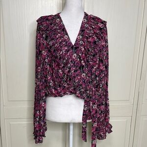 Endless Rose Chiffon Floral Printed Ruffled Crop Top Sz L Fuchsia Wrap Woman’s